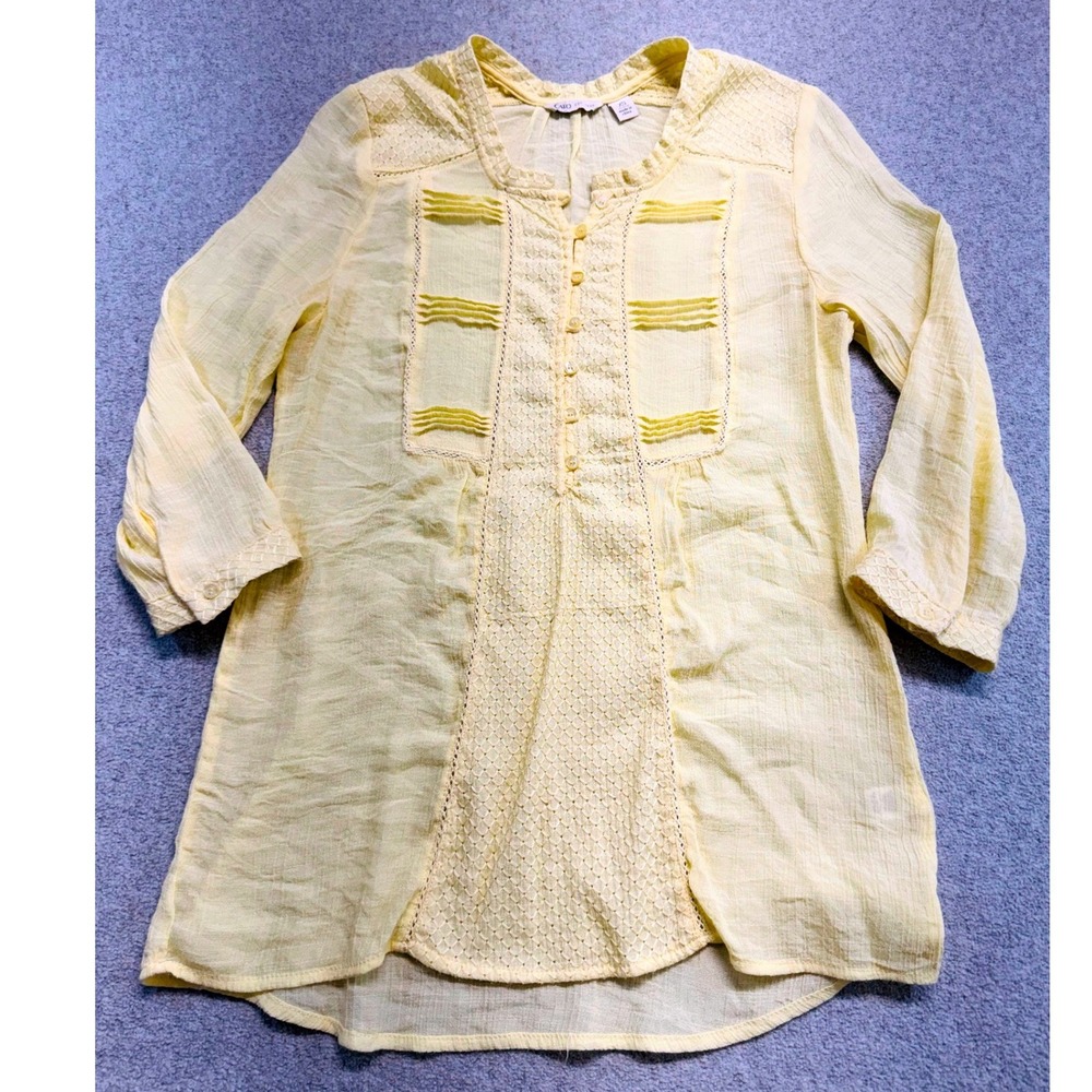 Cato Tunic Blouse Women XS Yellow Lace Pintuck Boho Henley 3/4 Sleeve Peasant
